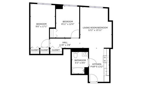 Floor plan for 2 beds, 1 bath, 697 sqft
